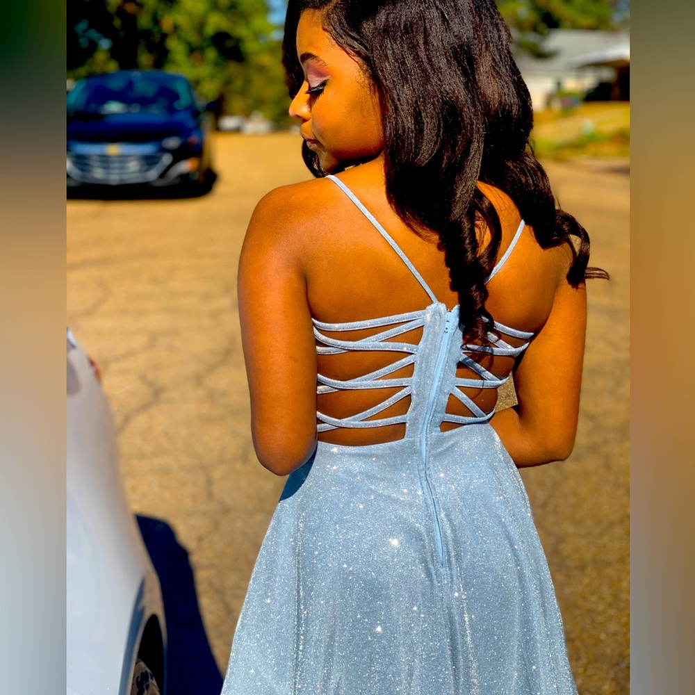Short, light blue glitter dress